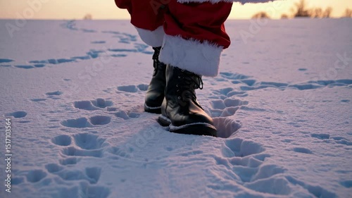 Santa Claus Boots Walking Through Fresh Snow.
