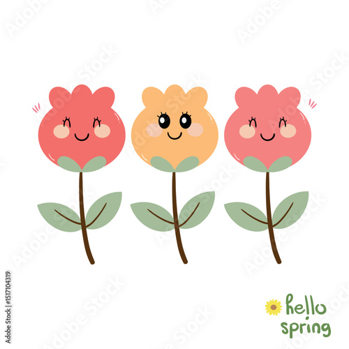 Hand drawing cartoon tulip flower character with smiling face and green leaves. cute plant doodle