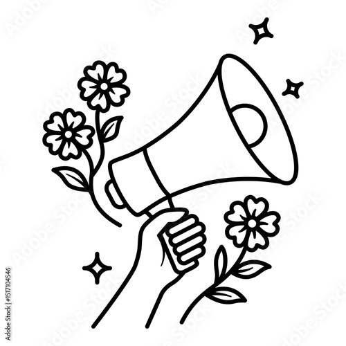 An icon of a hand holding a megaphone with wildflower decoration. An icon about women fighting for their rights