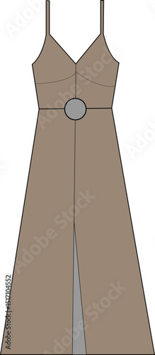 Title: Brown Sleeveless Maxi Dress with Waist Buckle Fashion Illustration