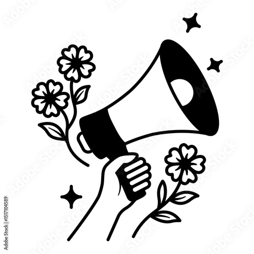 An icon of a hand holding a megaphone with wildflower decoration. An icon about women fighting for their rights