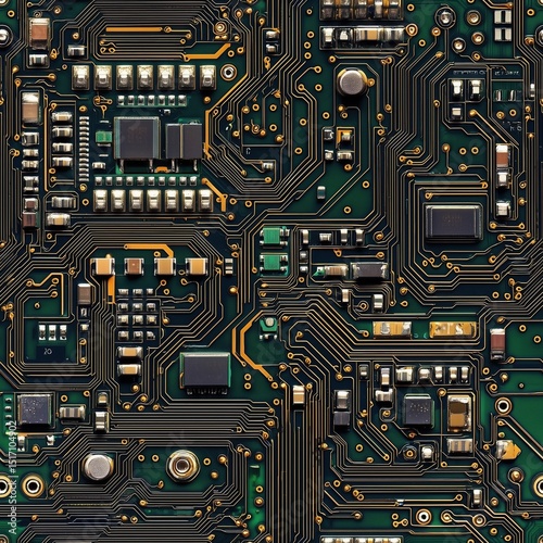 Seamless green circuit pattern with abstract lines resembling a chip diagram. This clean, modern background is suitable for IT, software development, and digital security presentations