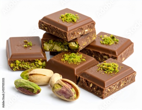 Luxury Dubai chocolate bar pieces with pistachio and knafeh filling isolated on a white background. Premium Middle Eastern dessert with rich texture, gourmet sweet concept and copy space.