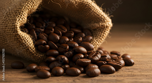 Coffee beans spilling out of a burlap sack on a wooden surface.