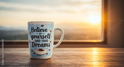 Inspirational coffee mug with motivational quote at sunrise