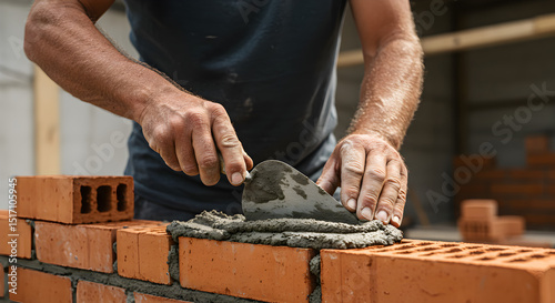 Bricklayer constructing a brick wall with mortar