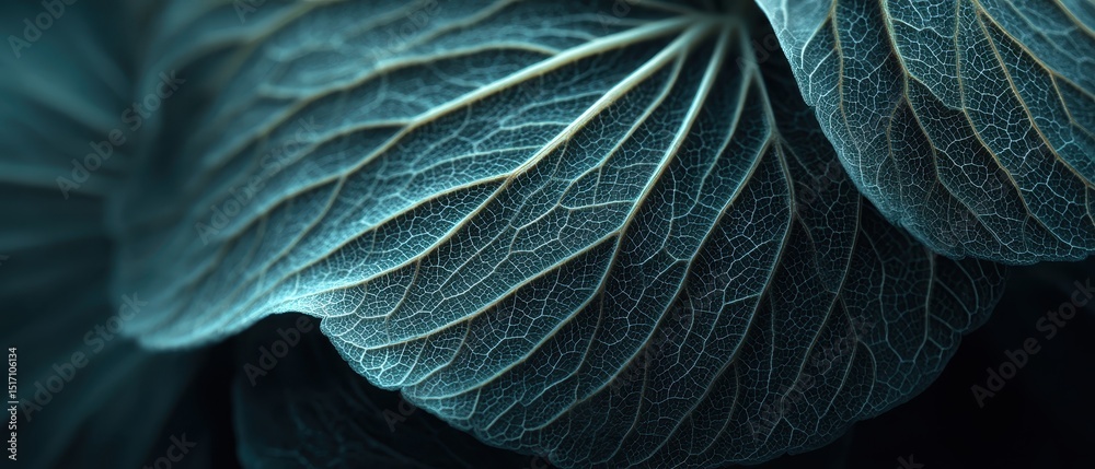 Fototapeta premium Intricate vein patterns of a teal leaf.