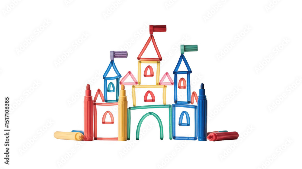 Naklejka premium Whimsical castle is built with colorful markers and caps, creating a playful and imaginative scene against a transparent background, perfect for educational or creative projects