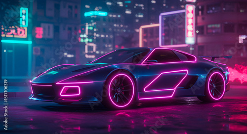 Neon Glow Sport Car in Cyberpunk Cityscape
