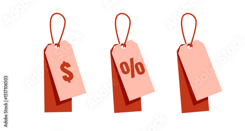 Red label price tag with dollar, percent discount voucher collection. Set of different price tags isolated on white