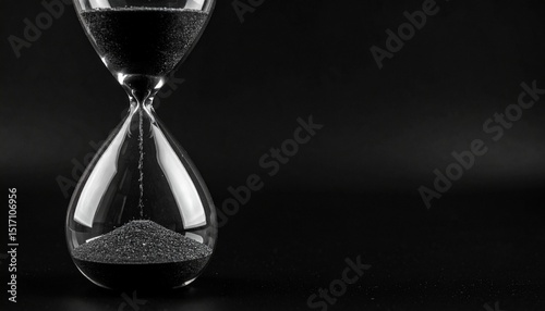 Modern hourglass on a black background. Time concept representing business deadlines, urgency and the passage of time.