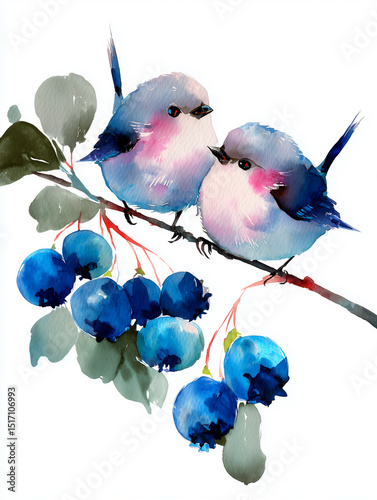 Two fat, round-headed birds perch on a branch of fresh and plump blueberries. isolated on a white background. Ink painting design