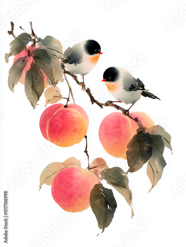 Chinese ink painting style, two round-headed birds perched on a peach branch, isolated on a white background. Ink painting design