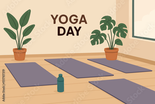 Vector art of Illustration of yoga day scene with mats, plants, and water bottle in a studio for exercise, fitness, and wellness activities