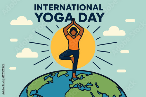 Vector art of Celebrating international yoga day with a woman in tree pose on the earth in front of the sun, promoting health, wellness, and global harmony