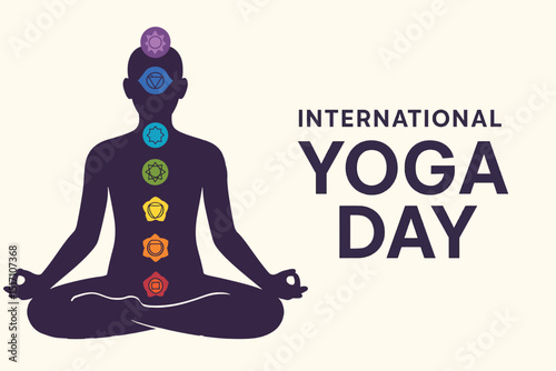 Vector art of International yoga day illustration with chakra symbols on a meditating silhouette