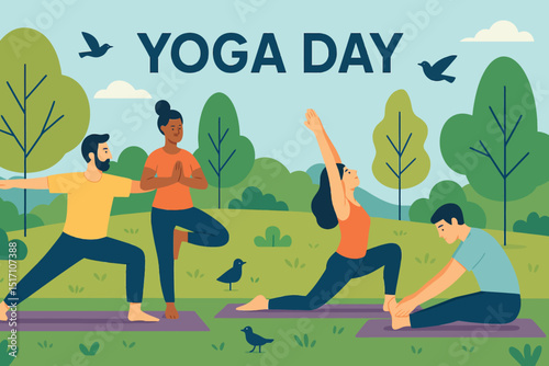 Vector art of Group of people practicing yoga outdoors in a park on yoga day illustration