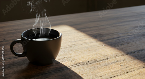 Steaming cup of coffee on a wooden table in warm light.
