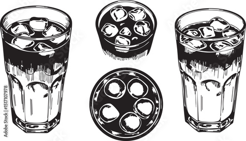 A hand-drawn sketch illustration of iced Americano with ice cubes in transparent glasses