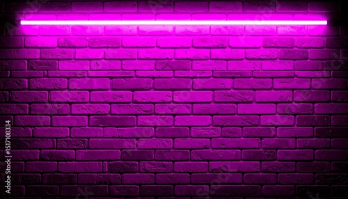 Neon light on an old brick wall. Close-up. White magenta background with space for design. Empty. Lighting effect. Grunge backdrop.
