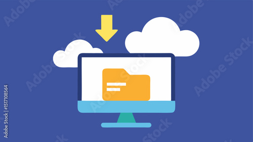 Cloud and Device Upload A computer screen displaying a folder with files with an upward arrow connecting it to a fluffy cloud icon above.