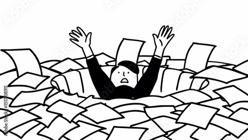Man overwhelmed by paperwork with arms raised in frustration