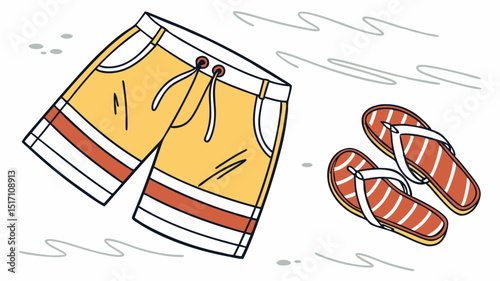 Casual yellow swim shorts and red flip-flops laid on sand  