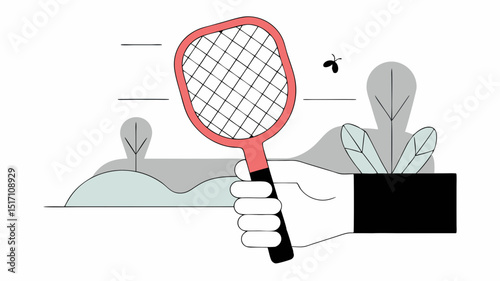 Hand holding mosquito swatter in outdoor setting with greenery  