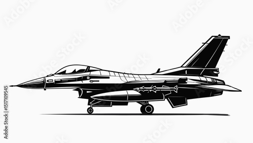 F-16 Fighter Jet Silhouette Vector – Military Aircraft Illustration in Black and White – Tactical Jet Plane Side View