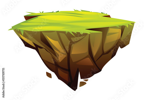 Floating island with grass and rocky foundation. Vector cartoon illustration