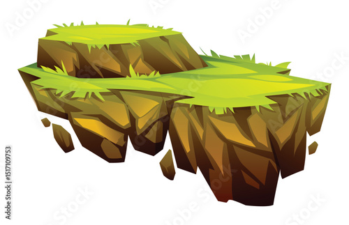 Floating island with two layered grassy platforms and rocky bottom. Vector cartoon illustration