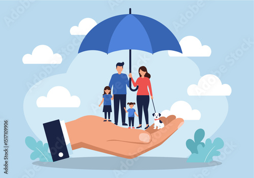 Flat vector illustration of a caring hand holding a large blue umbrella sheltering a diverse family of four (man, woman, boy, girl) and a small dog