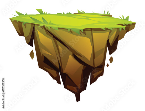 Floating island with grass and jagged rocky base. Vector cartoon illustration