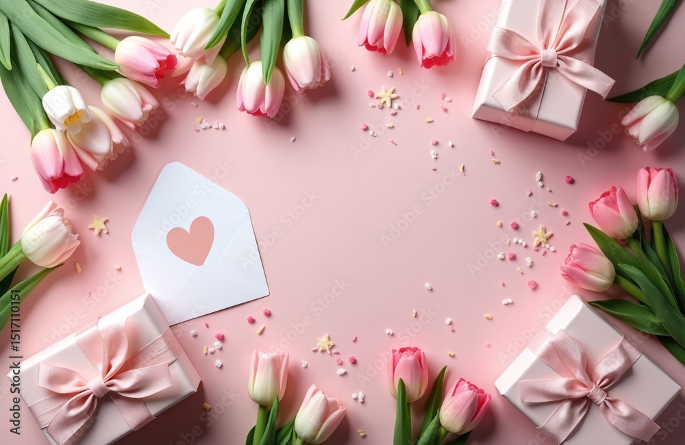 Top view of Mother Day gift arrangement. Pink tulips, present boxes with bows, envelope with heart, sprinkles on pastel background. Romantic holiday greeting, Valentine, birthday, celebration. Top view of Mother Day gift arrangement. Pink tulips, present boxes with bows, envelope with heart, sprinkles on pastel background. Romantic holiday greeting, Valentine, birthday, celebration.