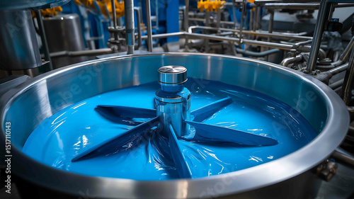 An industrial mixer in a large tank with blades inside for mixing slowly and evenly mixes blue paint in a paint factory with pipes for advertising