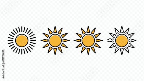 Bright yellow sun vector illustration set, a summer nature weather design element collection