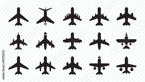 Vector silhouettes of people with airplanes flying in the sky, a set of aviation transport icons