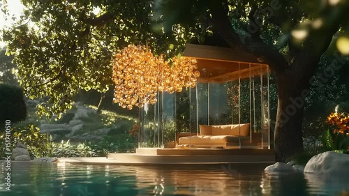 Glass-enclosed gazebo by a pool in a garden setting