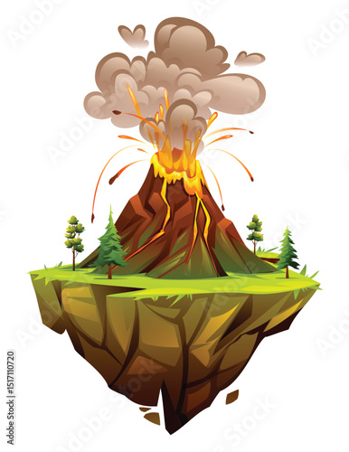 Exploding volcano on floating island with lava, smoke cloud and surrounding trees. Vector cartoon illustration