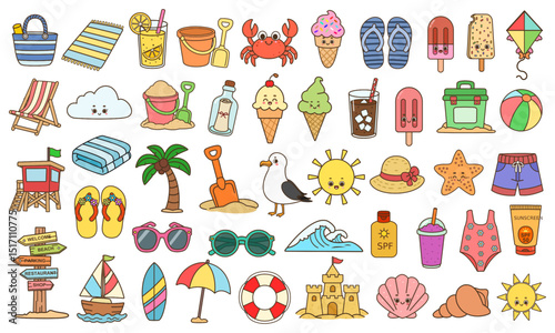 A group of summer beach vector illustrations including flip flops, beach ball, seashells,, sandcastle, ice cream cones, popsicles, sunglasses, crab, beach umbrella and more . . .
