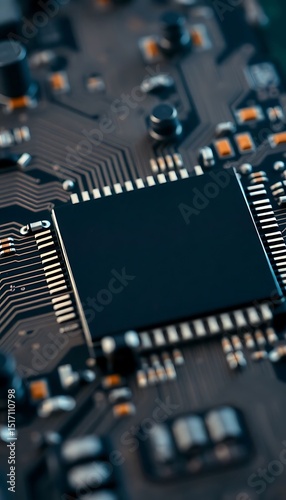 close up of a circuit board with a black chip