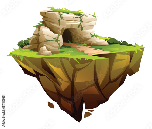 Fantasy stone cave on a floating island with grass and rocky entrance. Vector cartoon illustration