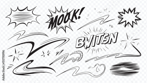 A set of hand-drawn sketch arrows, lines and comic book arts illustration