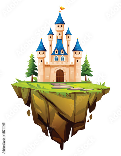 Castle with blue rooftops on a grassy floating island with stone path. Vector cartoon illustration
