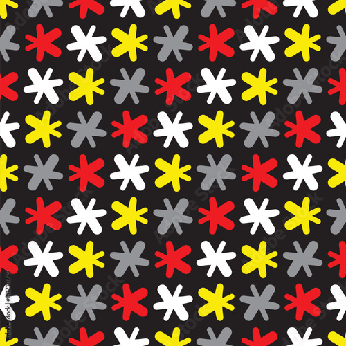 Doodle stars vector background pattern. Retro asterisks illustrated wallpaper seamless in black, white, gray, yellow and red.