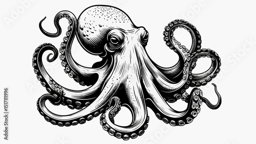 Hand Drawn Octopus Vector Illustration – Doodle Style Sea Animal with Tentacles in Black and White