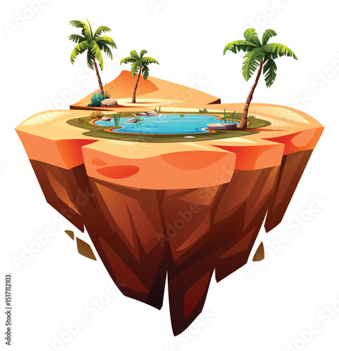 Palm trees and pond oasis on warm desert floating island terrain. Vector cartoon illustration