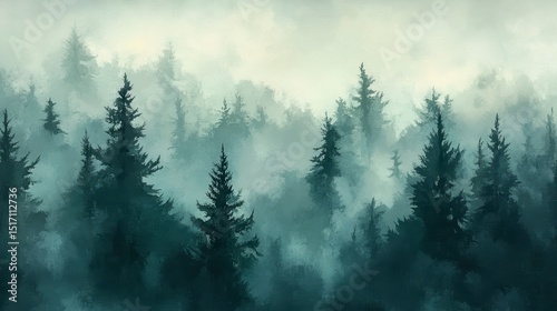 Misty evergreen forest landscape, dense trees shrouded in fog, serene atmosphere, moody tones.