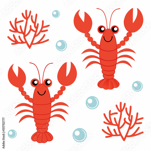 Cartoon lobsters with smiling faces surrounded by bubbles and coral  