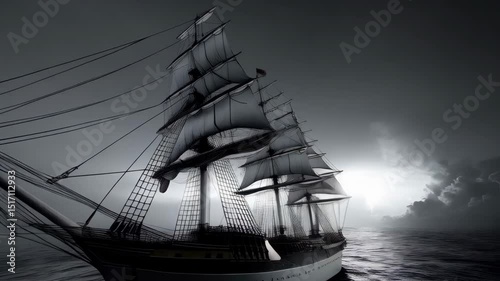 Dramatic grayscale image of a tall ship sailing on a dark sea beneath a cloudy sky with a mysterious light on the horizon